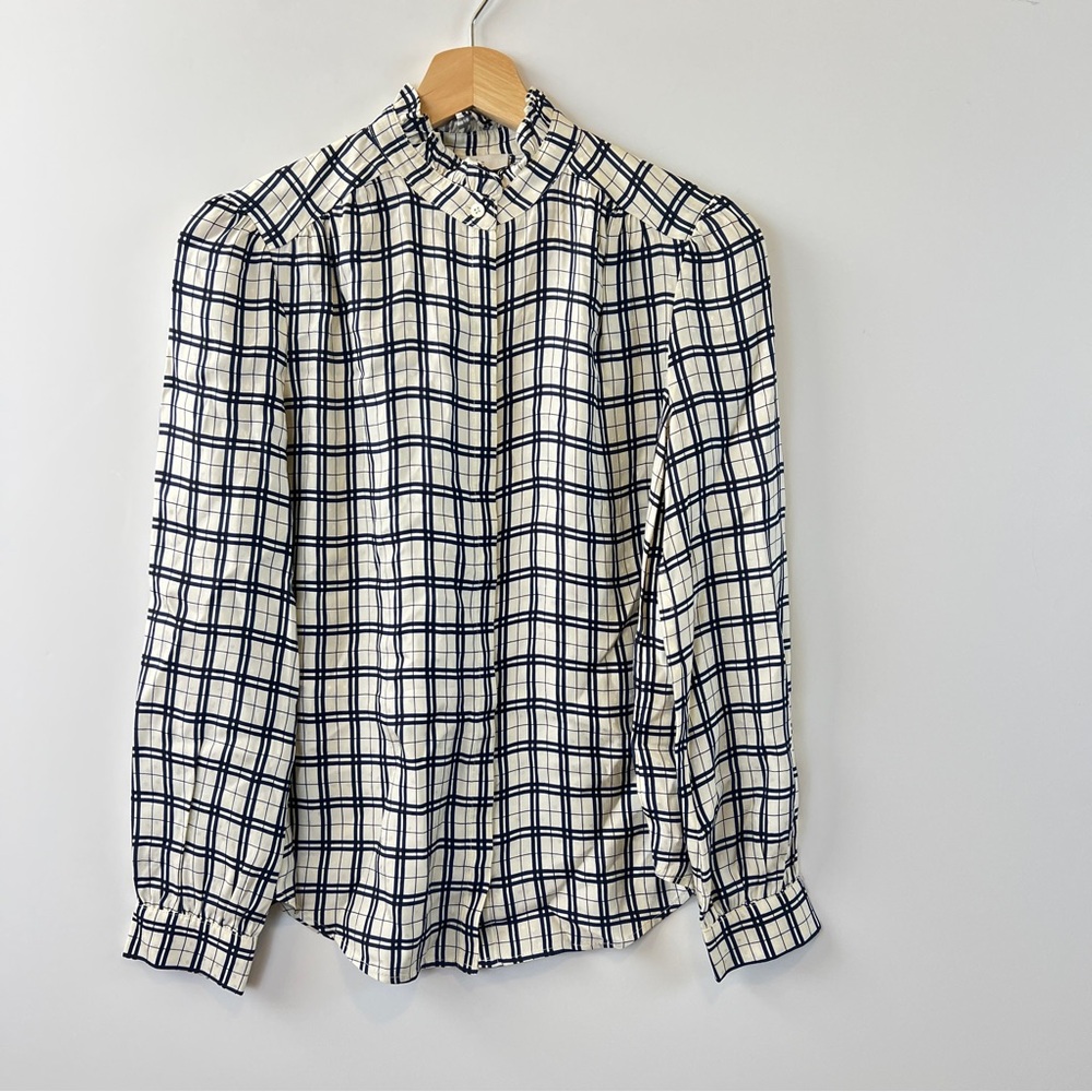 NWT Joie Mintee Plaid Blouse Winter White Blue Button Up XXS